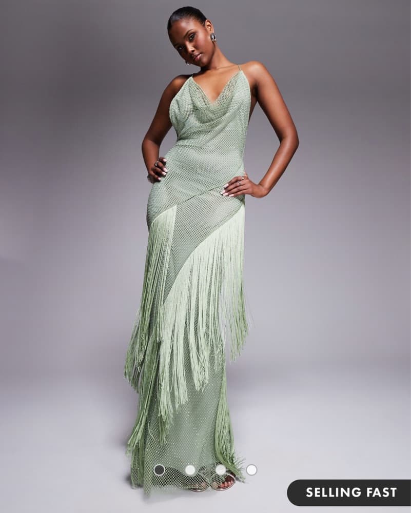 Mesh Cowlneck Fringe Gown - Image 3