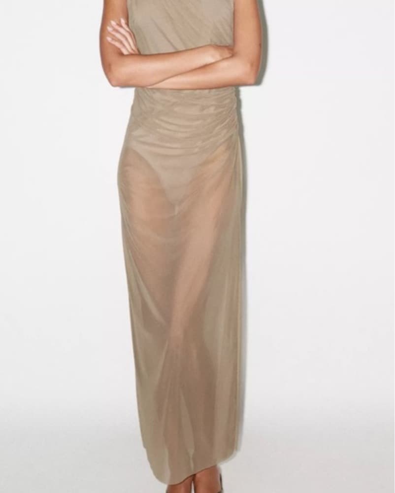 Zara Beige Sleeveless Sheer Rouched Dres - Image 1
