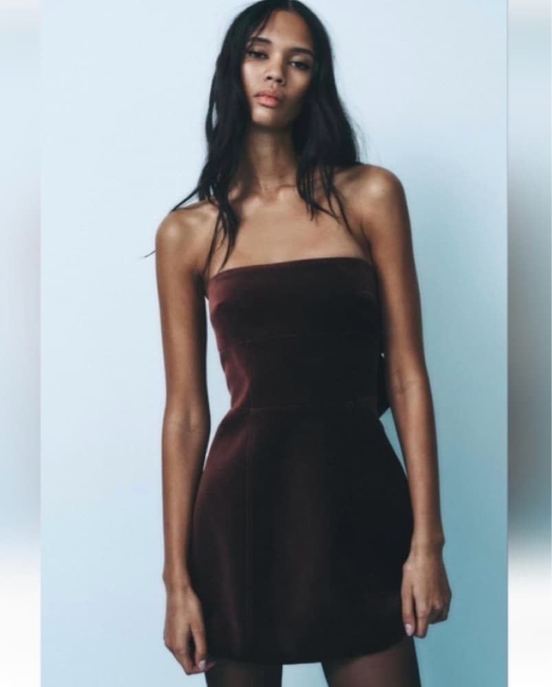 Zara Velvet Bow Strapless Dress - Image 1