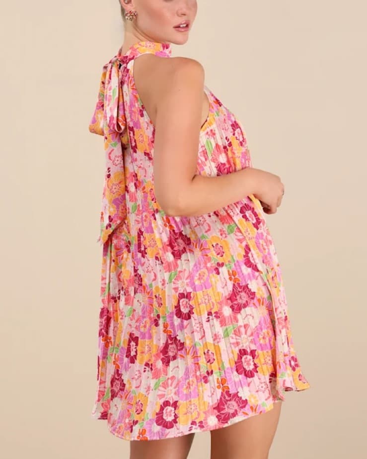 Vibrant Floral Pleated Halter Dress - Image 2