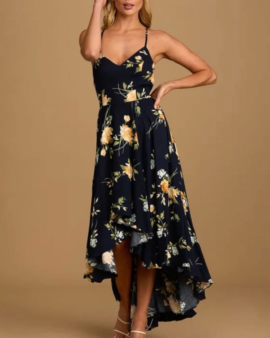 Navy Blue Floral Lace Up High-Low Dress - Image 1