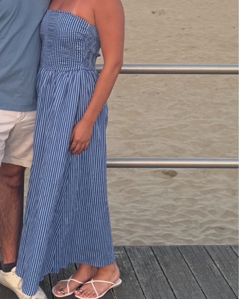 Blue Pinstripe Strapless Dress - Image 1