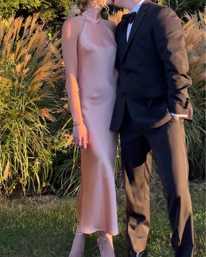 Galvan Nude Satin Midi Formal Dress - Image 1