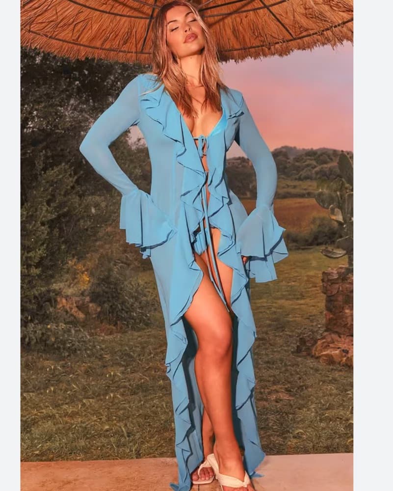 Blue Ruffle Kimono Robe Coverup - Image 1