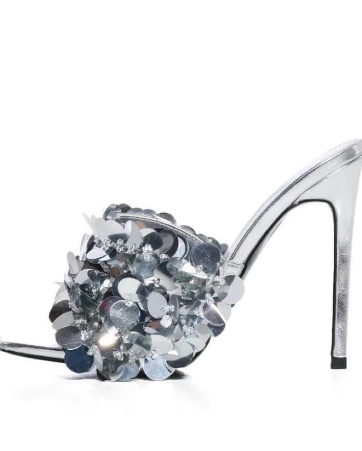 Metallic Silver Sequin Mules - Image 3
