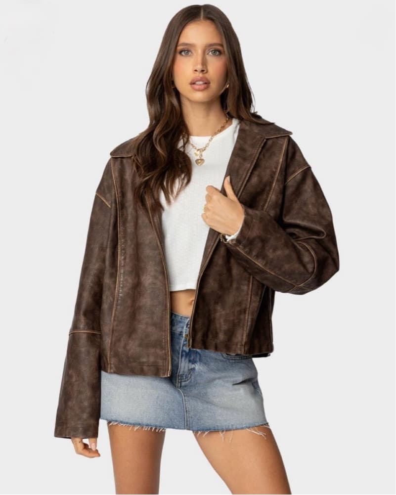 Oversized Washed Faux Leather Jacket - Image 1
