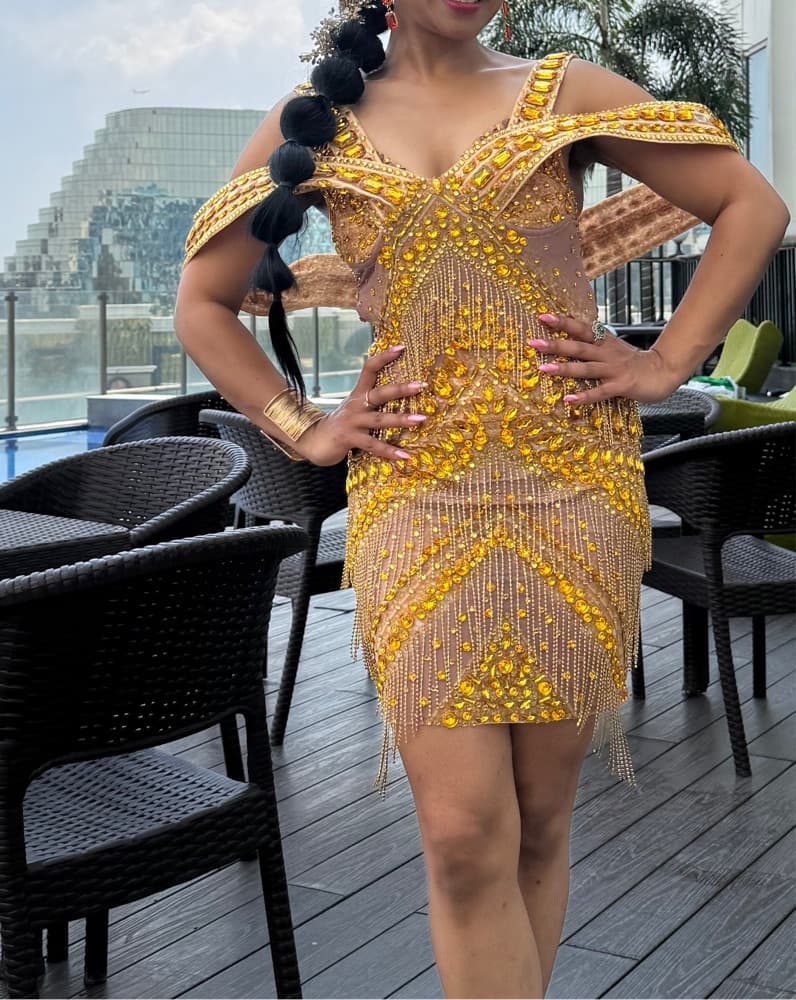Radiant Gold Bejeweled Cocktail Dress - Image 3
