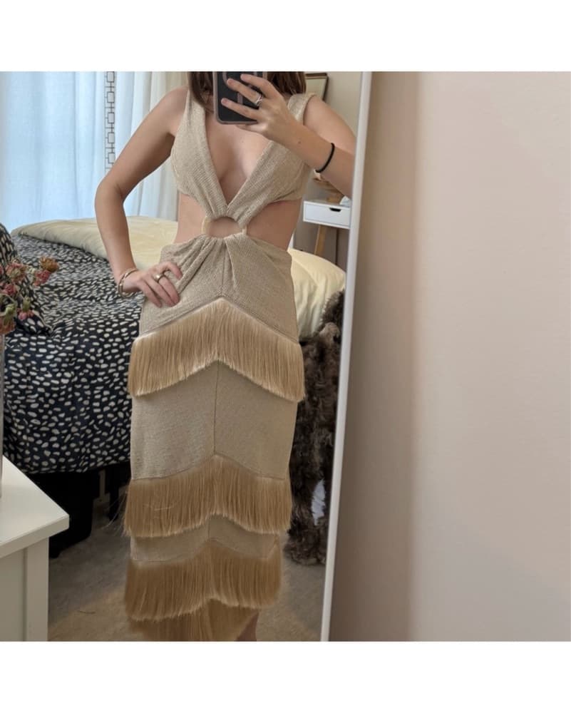 Taupe Fringed Cutout Maxi Dress - Image 5