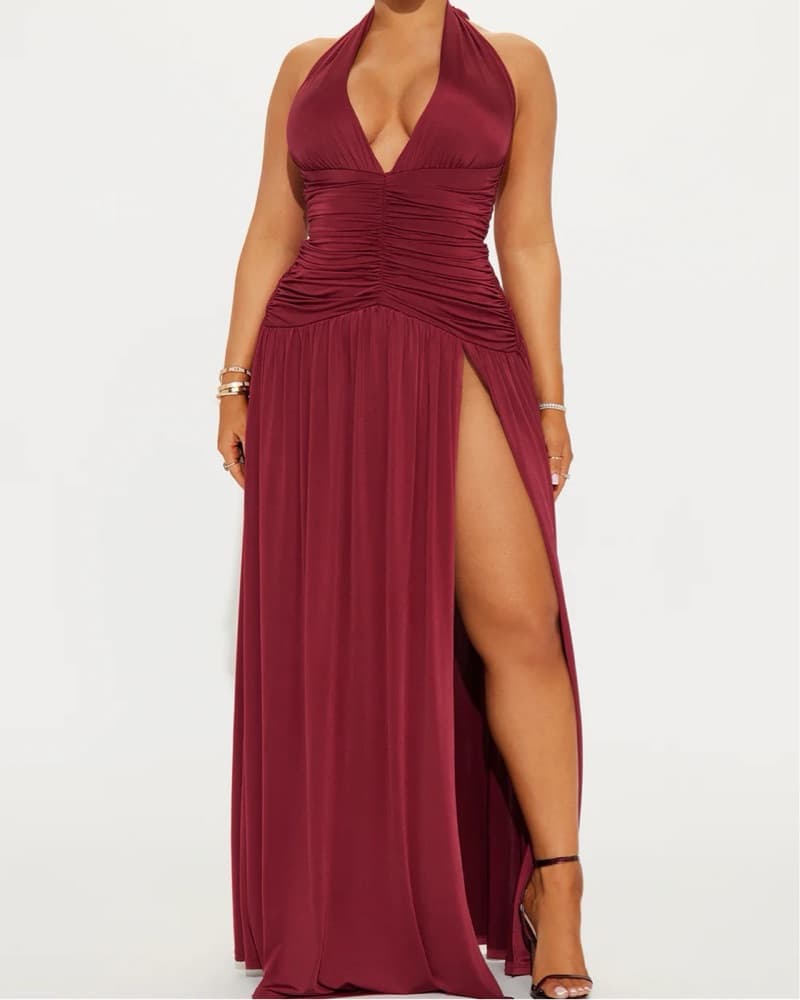 Burgundy High Slit Halter Gown - Image 1
