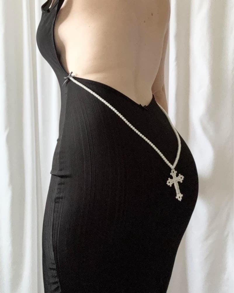 Black Low Back Pearl Cross Maxi Dress - Image 3