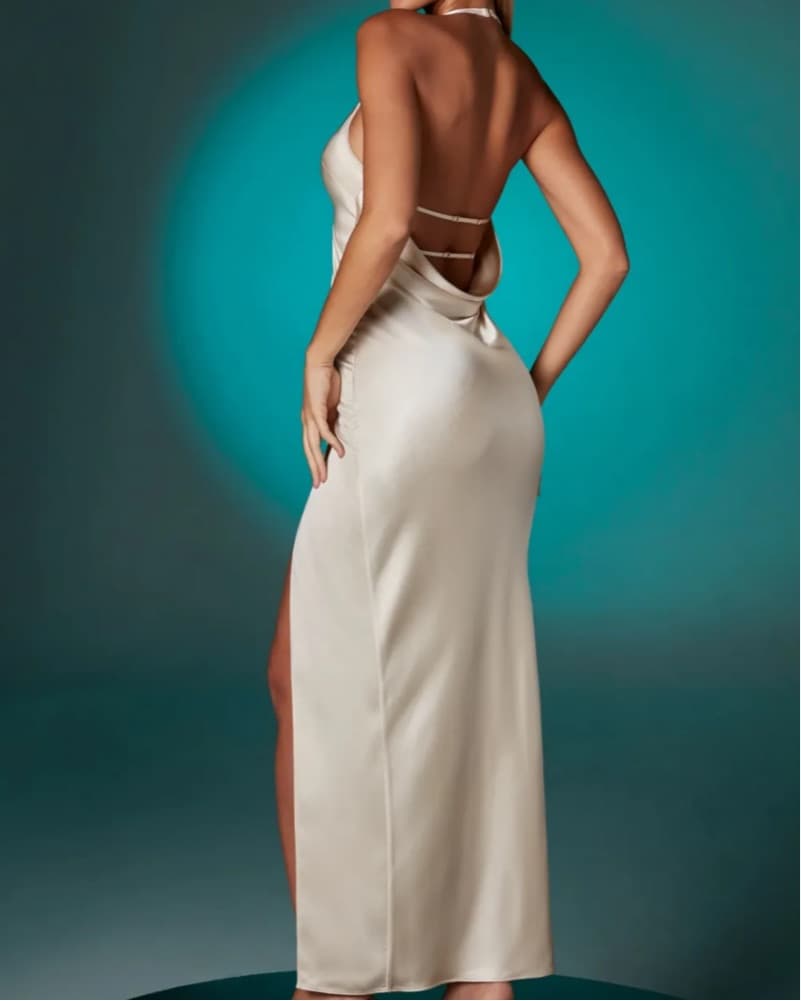Ivory Satin Maxi Dress - Halter Neck - Image 2