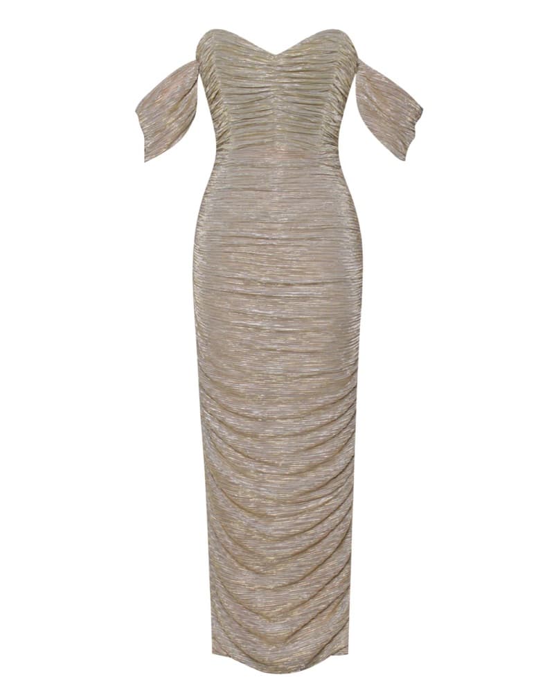 Gene Gold Ruched Off Shoulder Dress - Image 3
