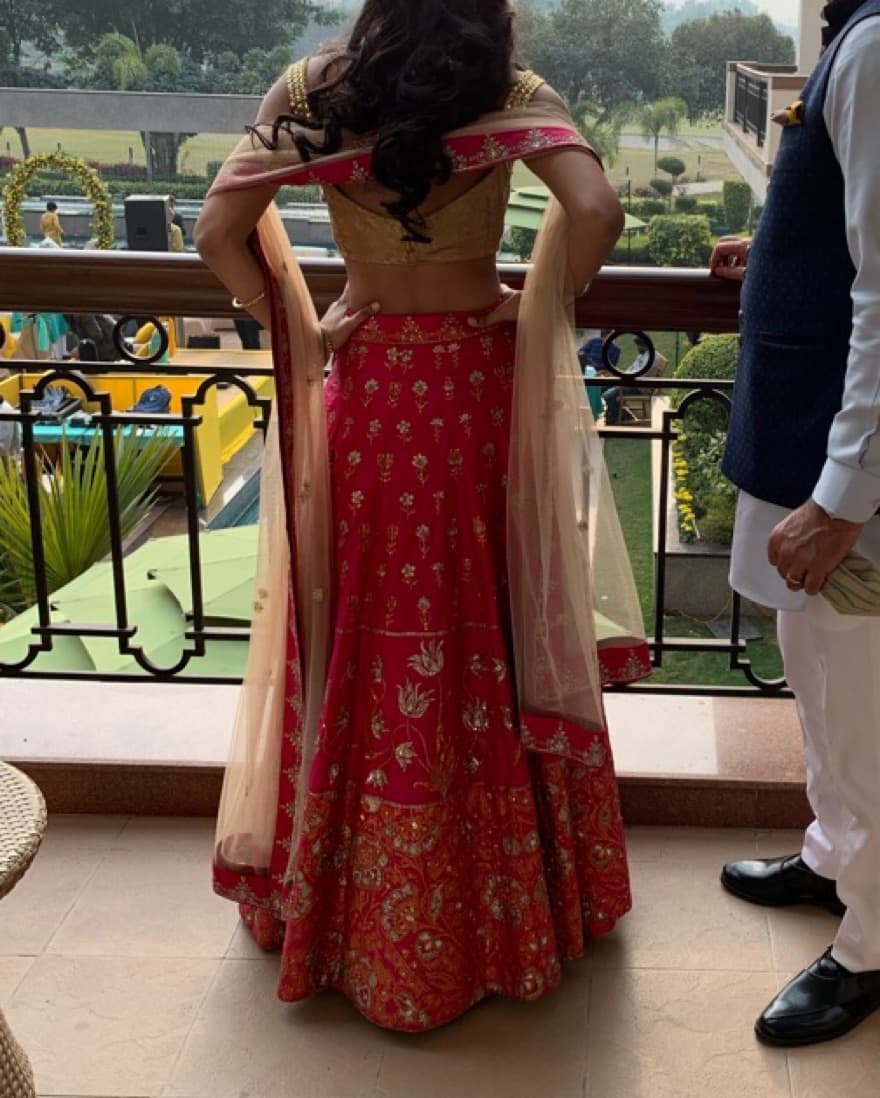 Pink Gold Embroidered Indian Lehenga - Image 4
