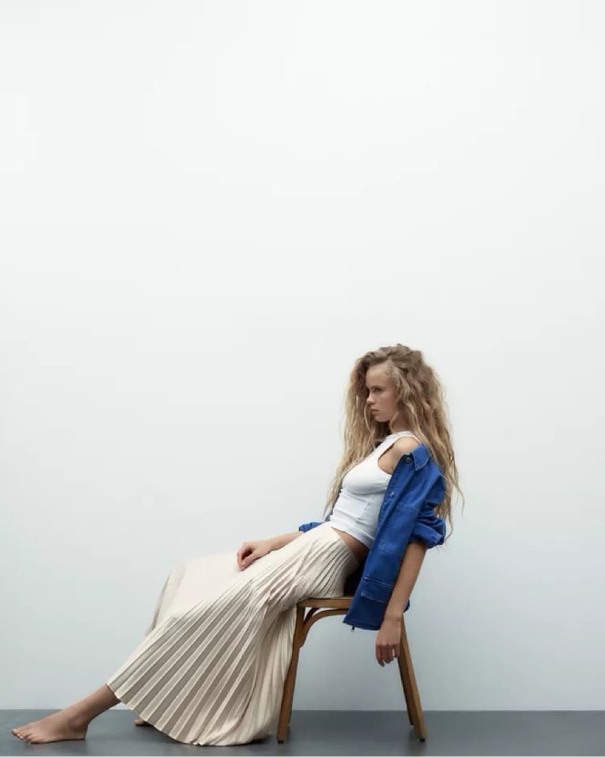 Pleated Cream Silk Midi Skirt - Image 2