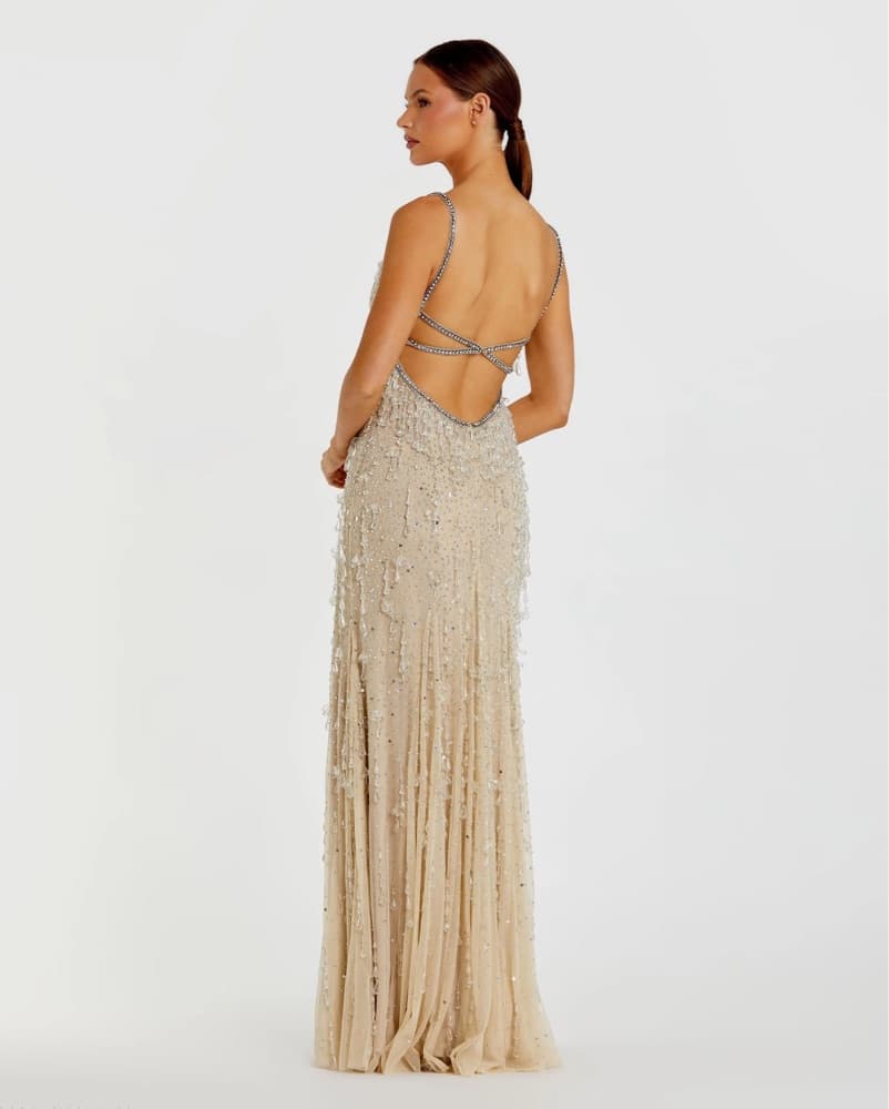 Beige V-Neck Gown with Embellishments  - Image 3