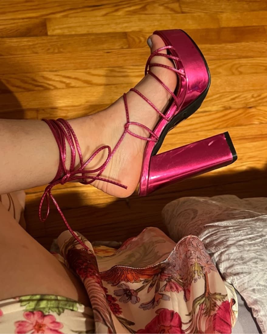hot pink metallic strappy platform heels - Image 2
