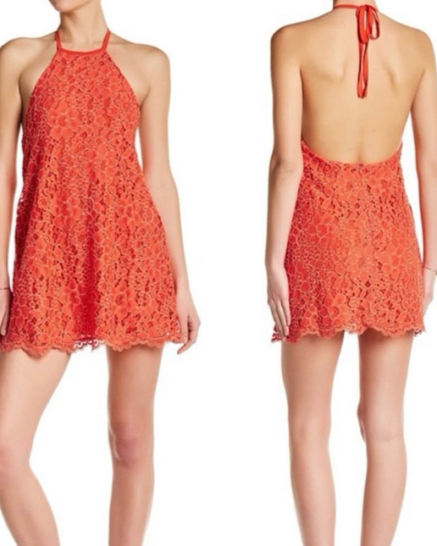 NBD Orange Lace Floral Halter Dress - Image 1