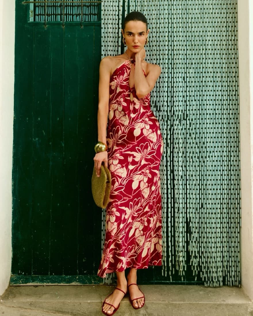 Red Floral Silk Halter Maxi Dress - Image 2