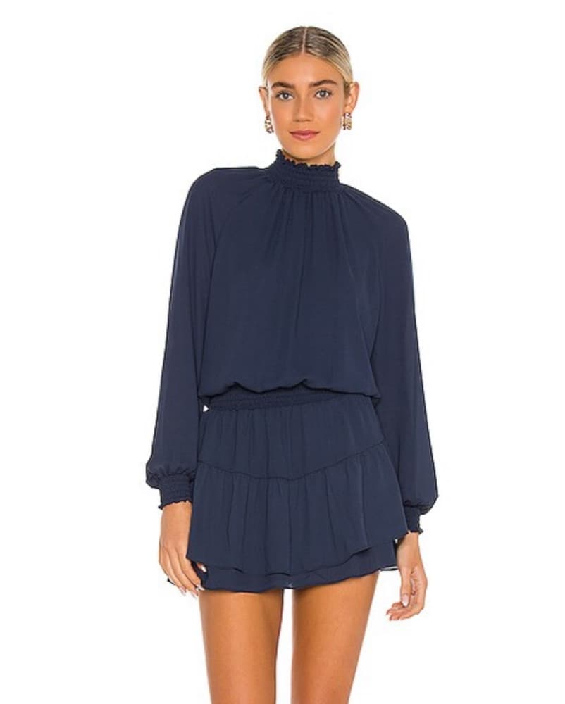Smocked Neck Navy Long Sleeve Mini Dress - Image 1