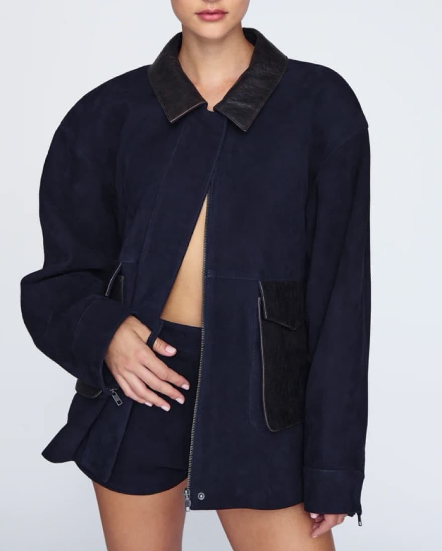 Navy Blue And Brown Suede Barn Jacket - Image 2