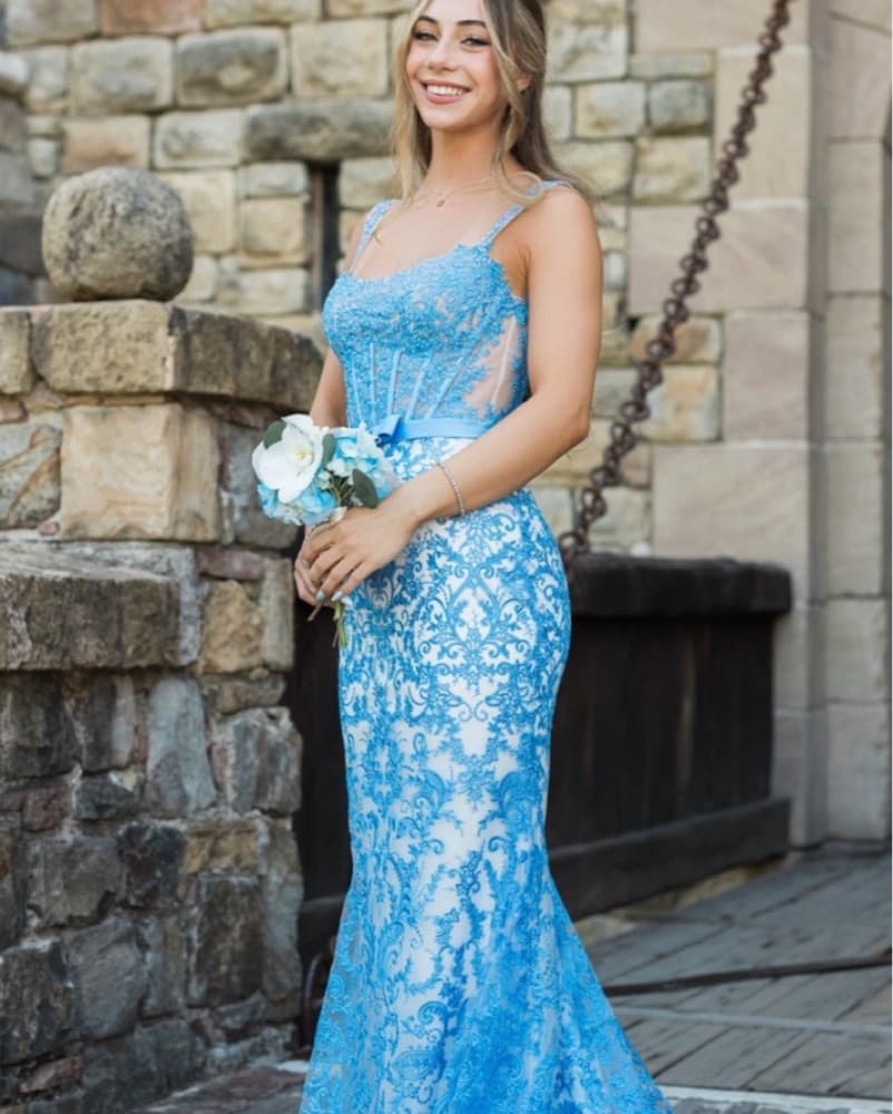 Sherri Hill style 57150 Blue Lace Dress - Image 1