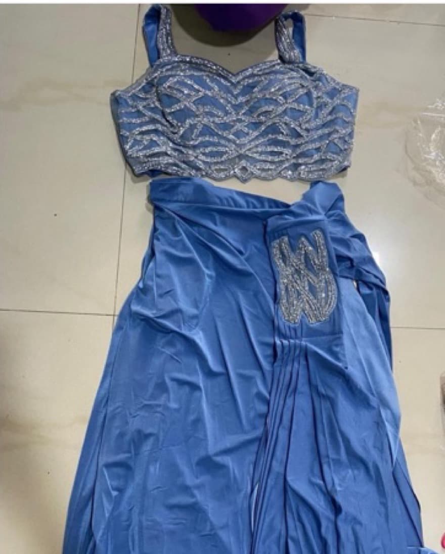 Cerulean Blue Sequin Pre Draped Saree - Image 2