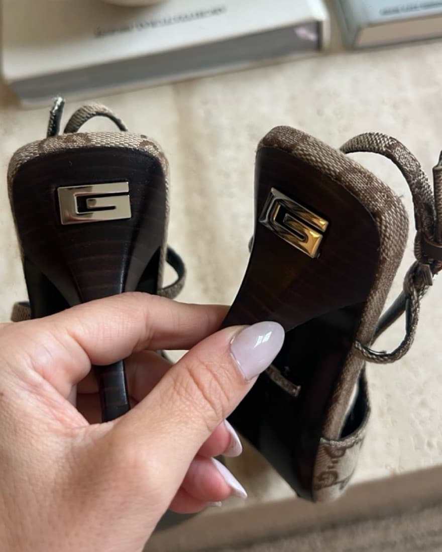 Gucci Beige Canvas Monogram Slingback Heels - Image 2