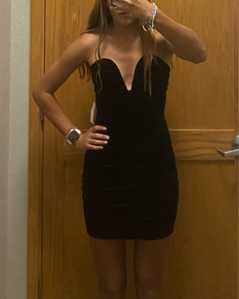 Black Velvet Plunge Neck Mini Dress - Image 4