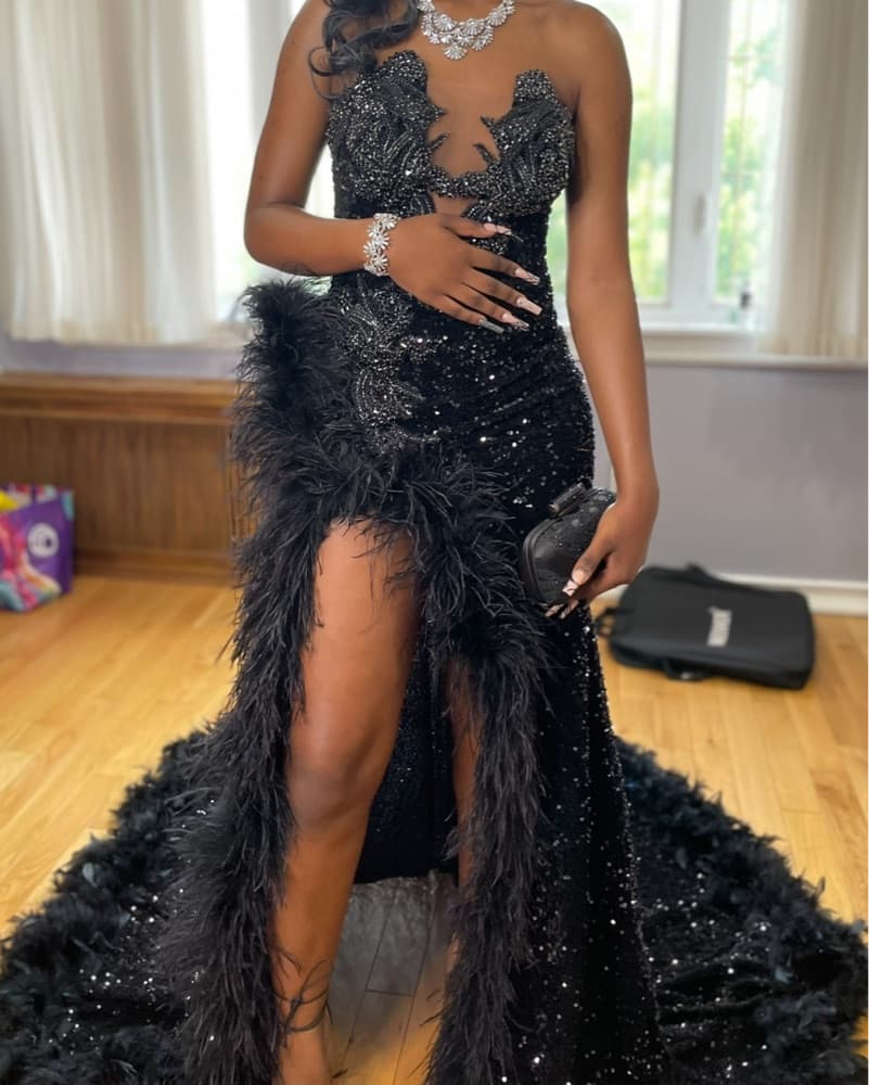 Black Sequin feathered boutique dress - Image 1