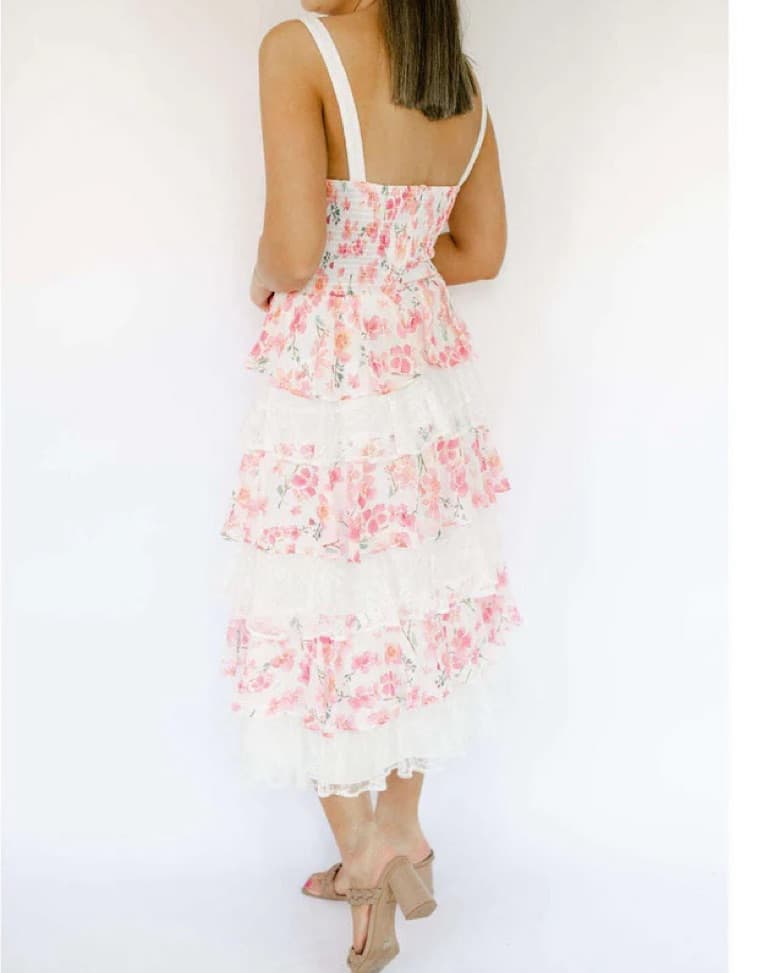 Pink and White Floral Midi Dress  - Image 2