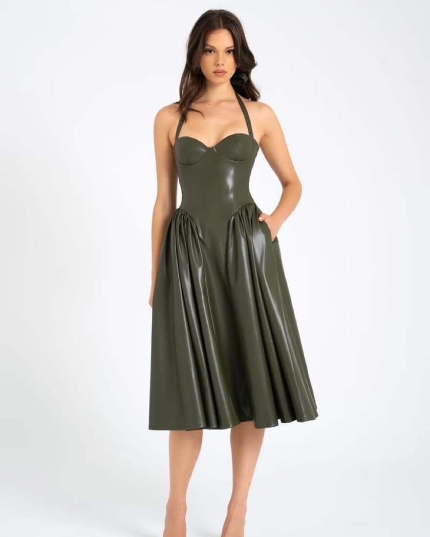 Olive Vegan Leather Dress - Image 2