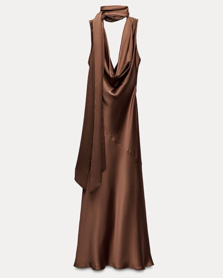 Zara Brown Silk Dress With Neck Scarf - Image 1