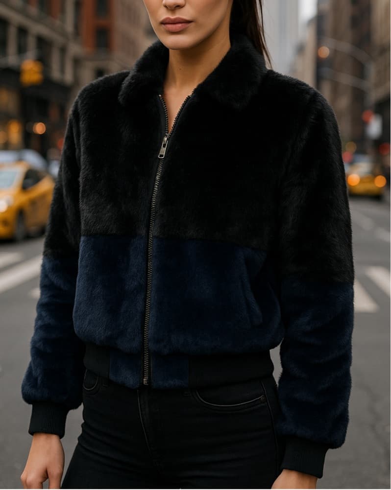 Black & Navy Fur Coat / Jacket - Warm! - Image 5