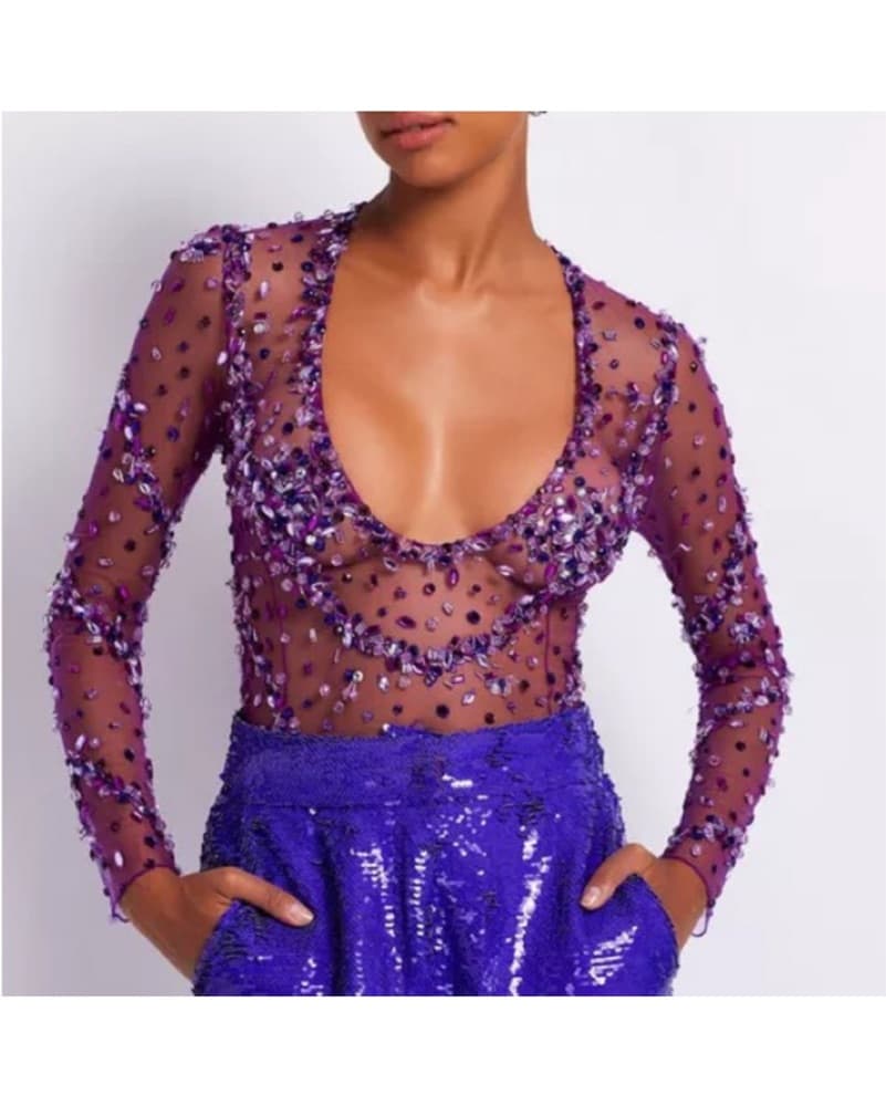 Patbo Beaded Crystal Sheer Bodysuit S - Image 2