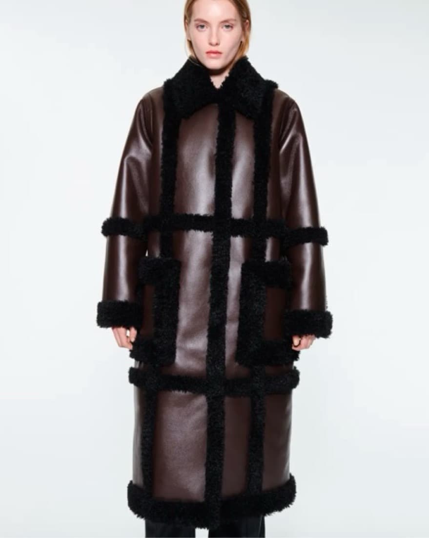 Brown Black Shearling Leather Long Coat  - Image 1