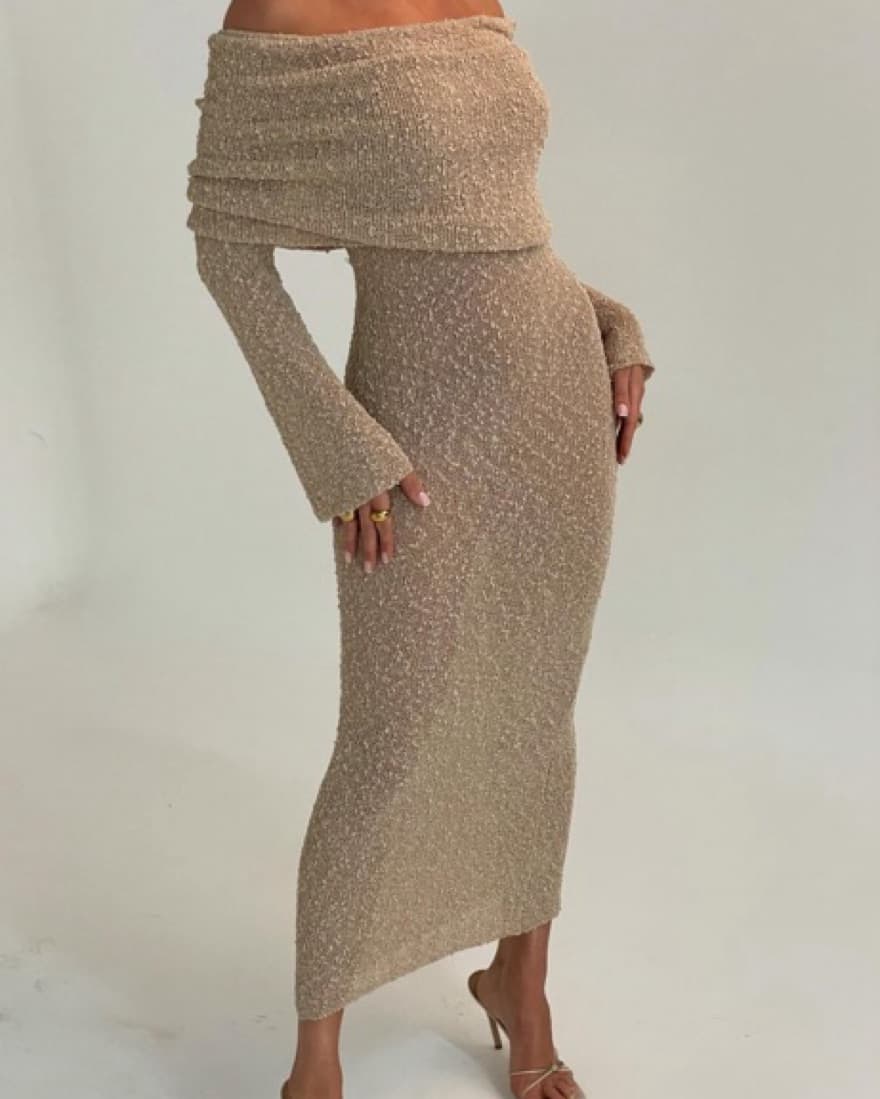 Boucle Tan Dress For Fall - Image 2