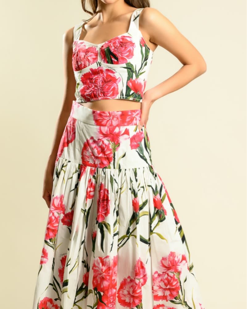 Dolce & Gabbana Set - Bustier + Skirt - Floral Carnation Flower Poplin Pink White Garden Party Maxi - Image 5