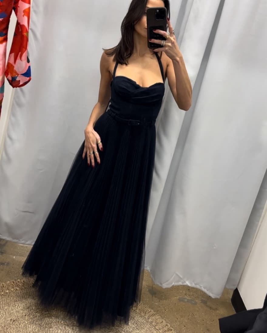 Navy Blue Halter A Line Midi Dress - Image 1