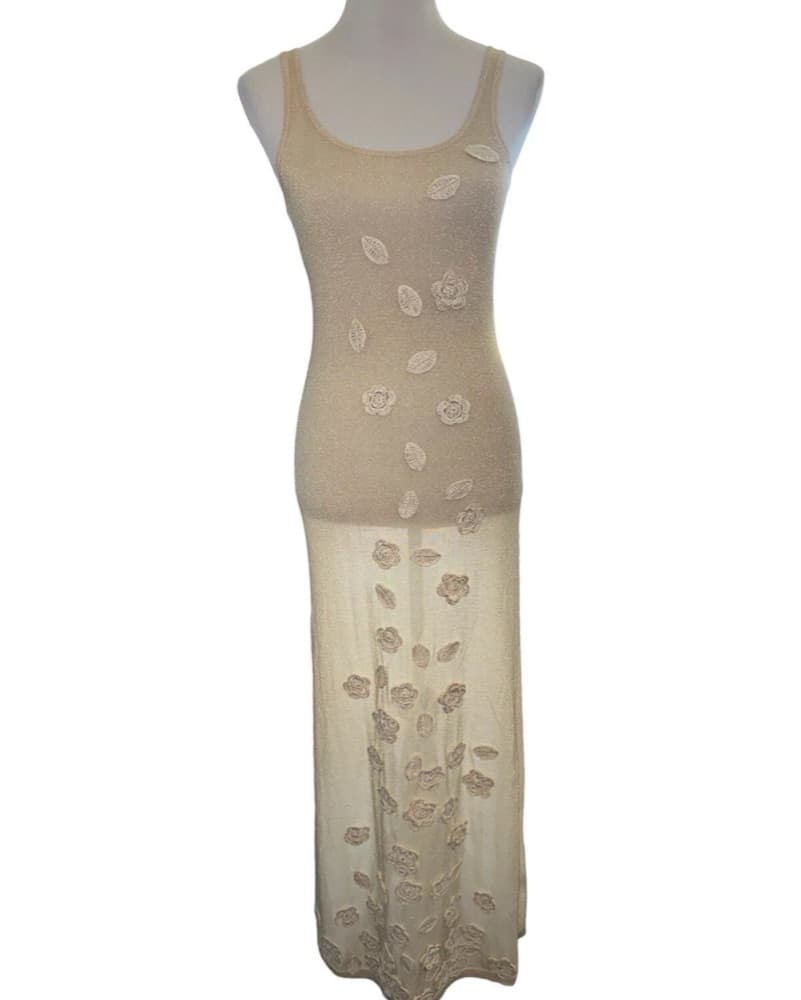 Crochet Flowers Gold Maxi Dress - Image 4