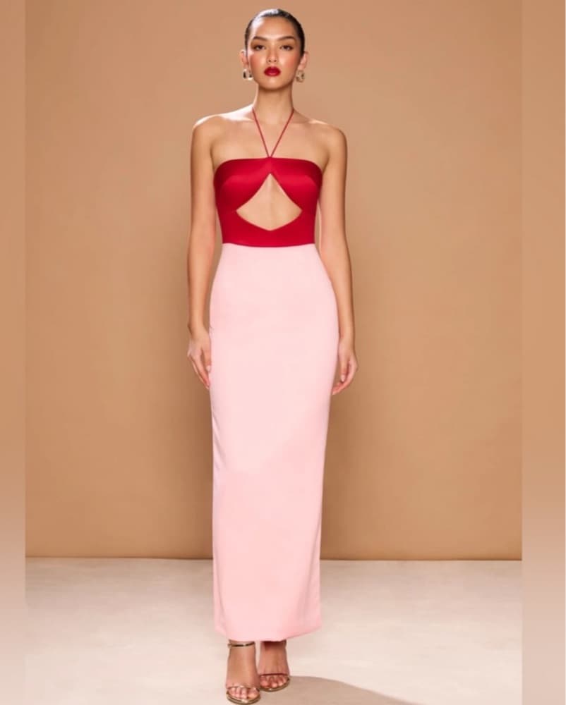 $800 Sonya Moda Red Pink Silk Maxi Dress - Image 1