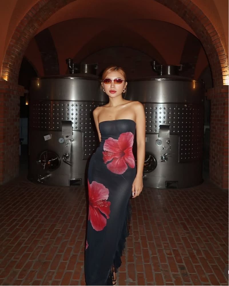Black Strapless Maxi Dress with Red Floral Print - Image 2