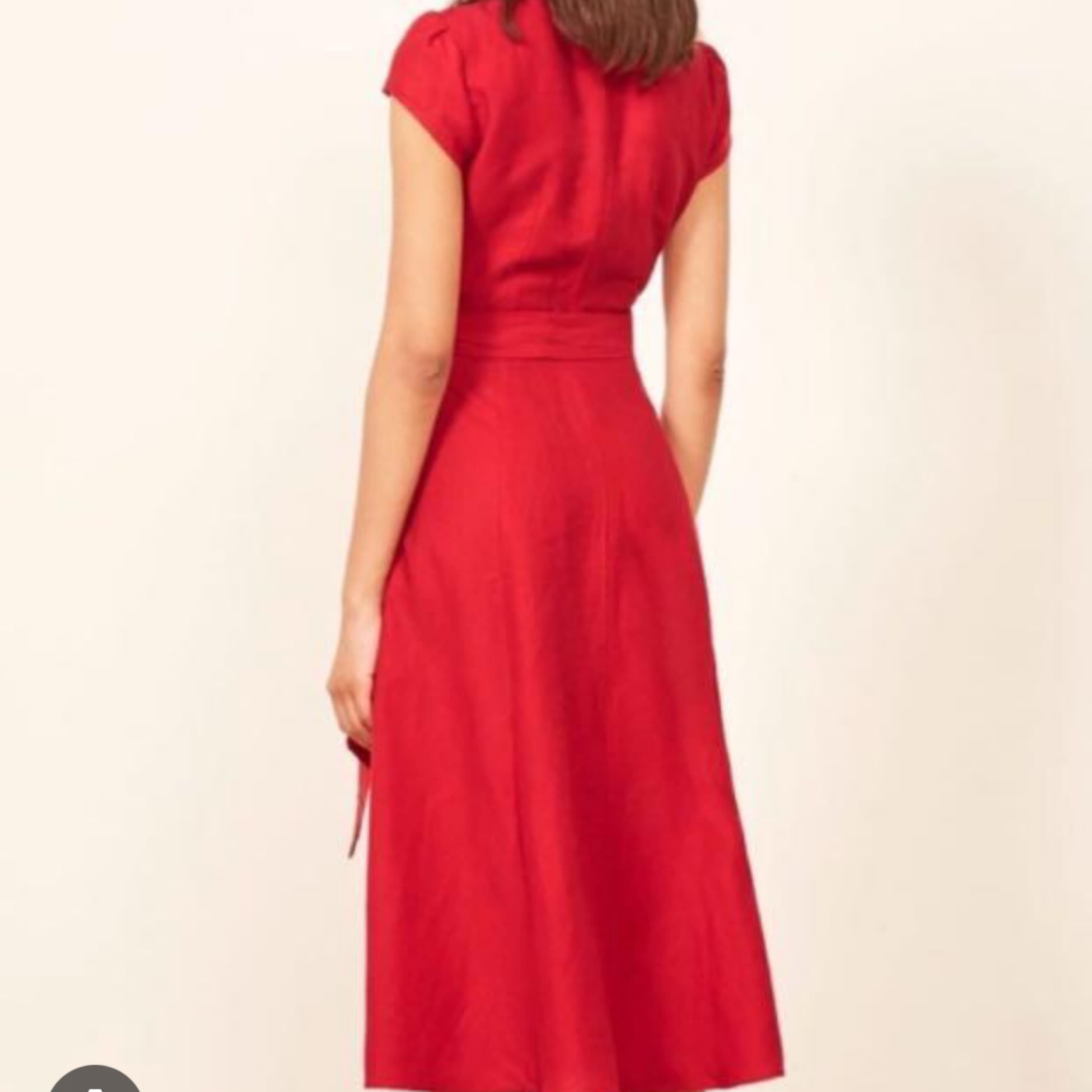 Reformation Red Linen Deep V Dress   - Image 5