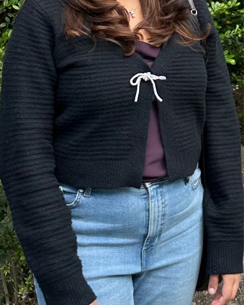 Cozy Ribbed Sparkle Bow Knit Cardigan - Image 3