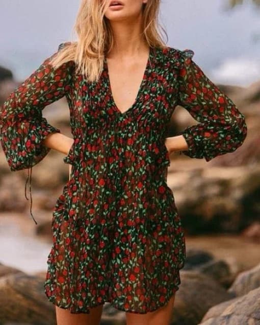 Black Red Rose Printed Puff Sleeve Dress - Image 1