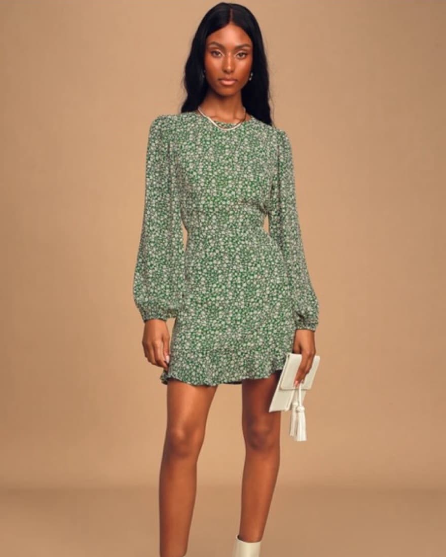 Green Floral Ruffled Peekaboo Back Dress - Image 1