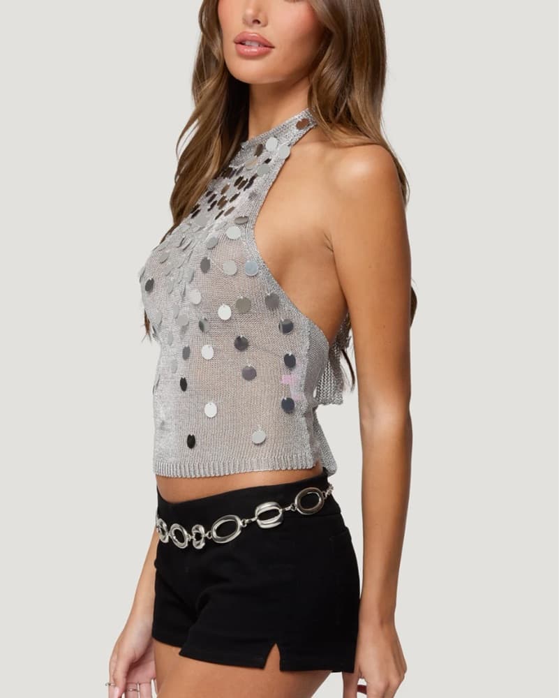 Shiny Sequin Backless Halter Top - Image 2