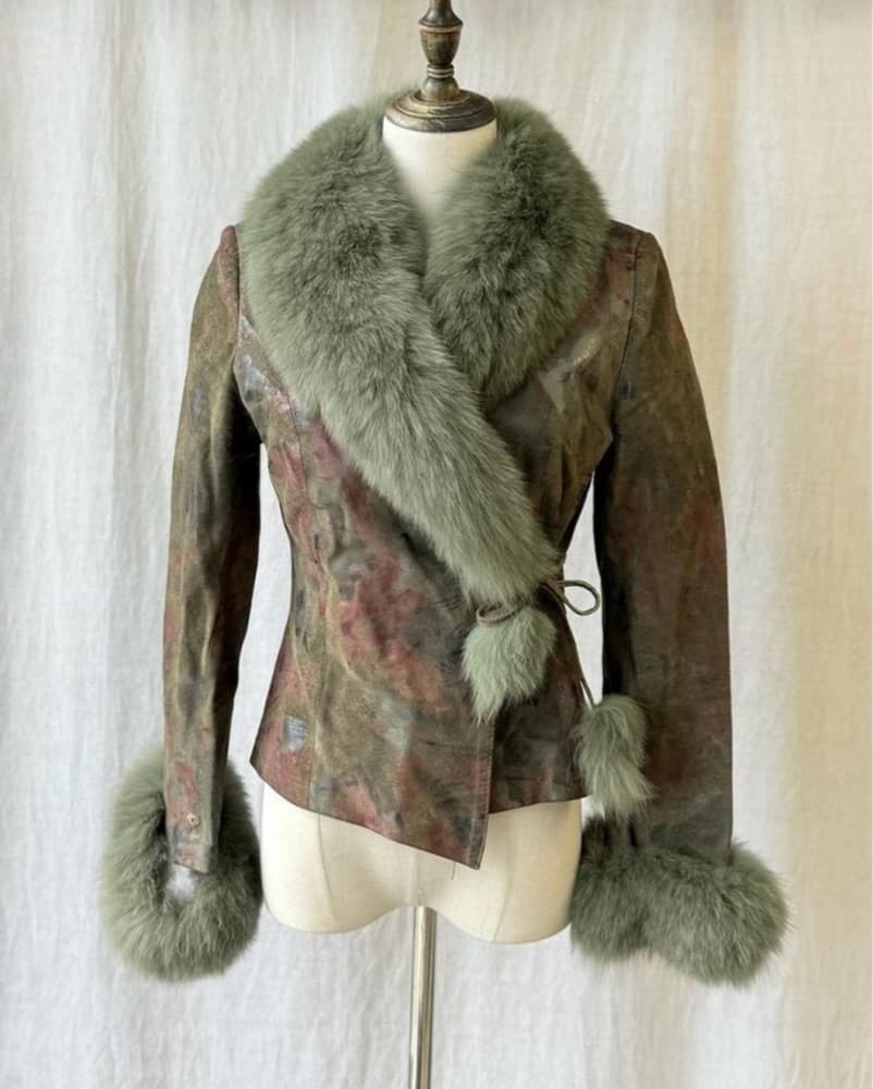 Vintage Sage Green Faux Fur Trim Jacket - Image 1