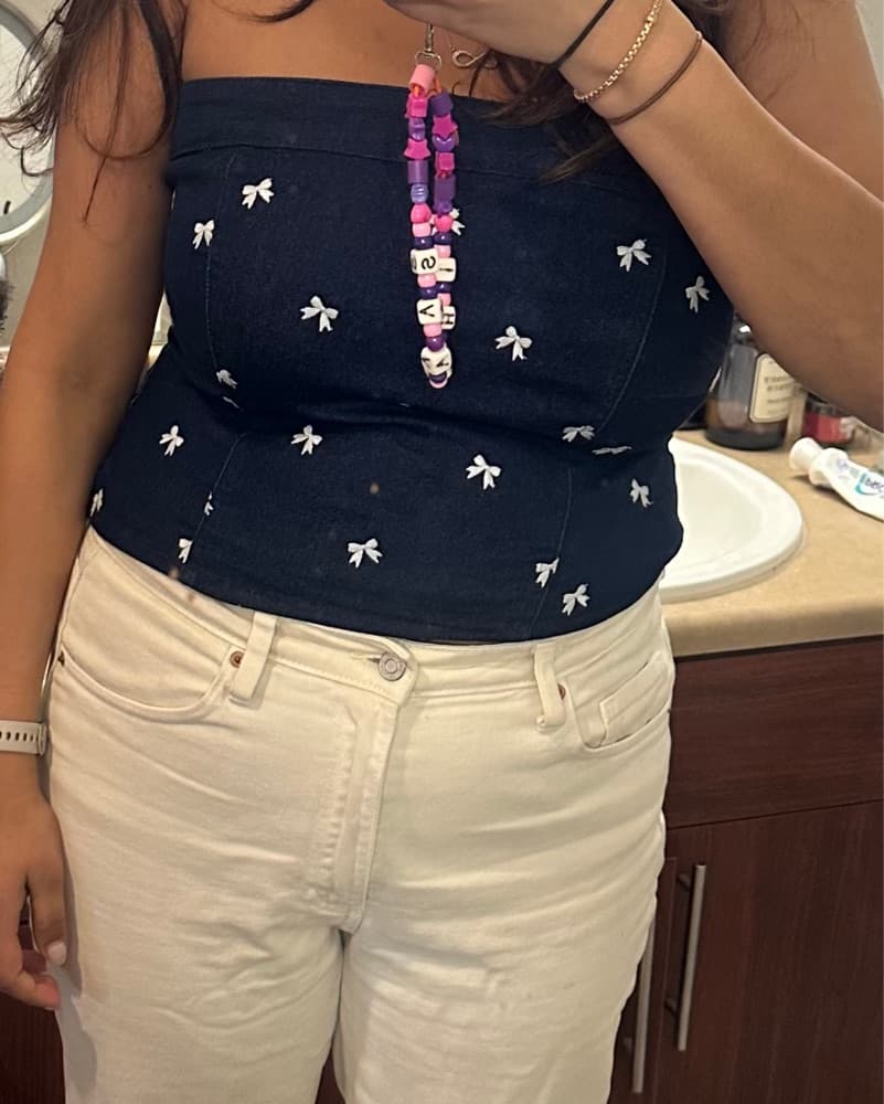Chic Bow-Detailed Navy Denim Top - Image 1