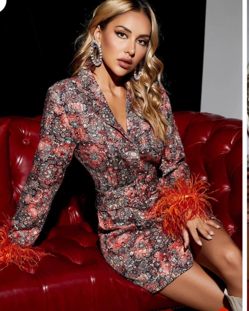 Vibrant Floral Feather Trimmed Blazer Dress - Image 3