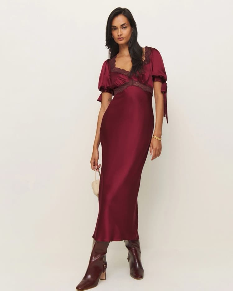 Reformation Stella Silk Dress - Crimson - Image 3